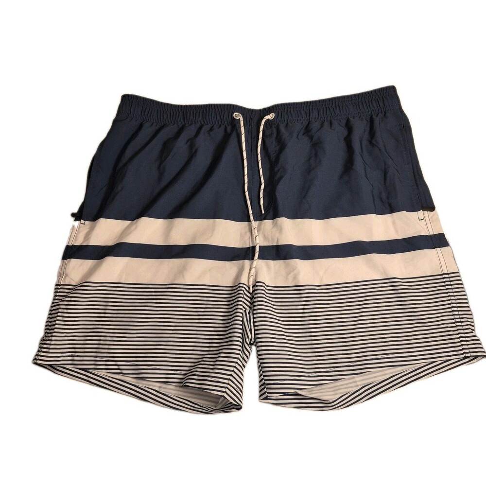 Silkworld Mens Blue Striped Drawstring Swimming Trunks Size XXL Lined Zip Pocket